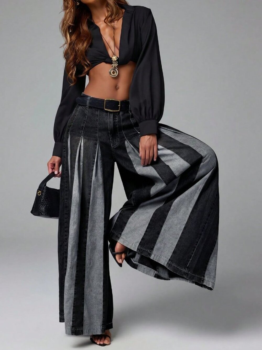 Black Casual Women's  Two Tone Color Block Wide Leg Flowy Baggy Denim Jeans